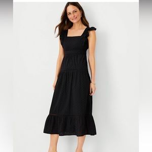 Ann Taylor Petite Eyelet Midi Flare Dress. Black. Size 8